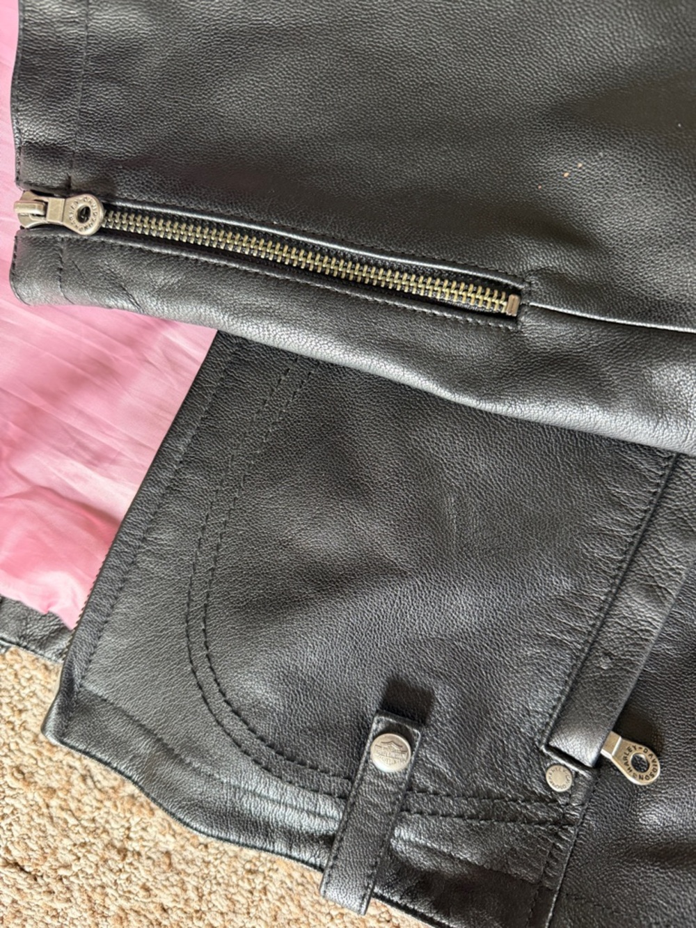 Harley-Davidson Black Leather Bomber Jacket with Pink Logo Accent - Picture 7 of 12